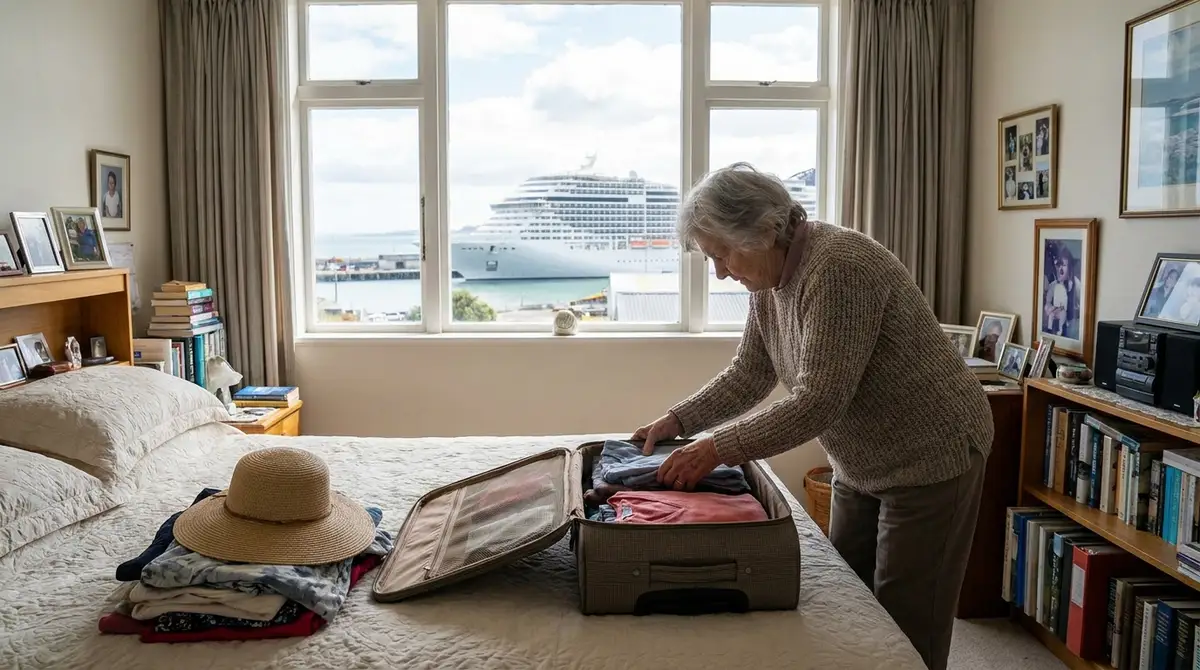 Senior woman packing a suitcase for a cruise with a cruise ship visible in the window