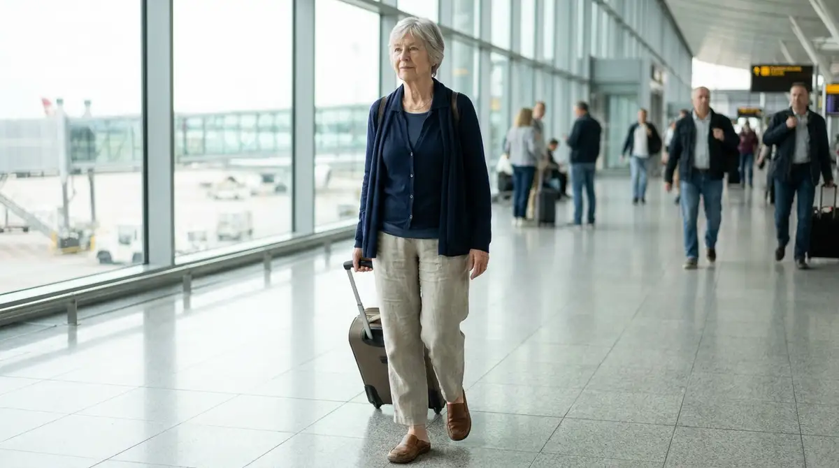 Travel Outfits to NEVER Wear at the Airport in 2026 3 Senior woman in comfortable travel clothes walking through an airport terminal