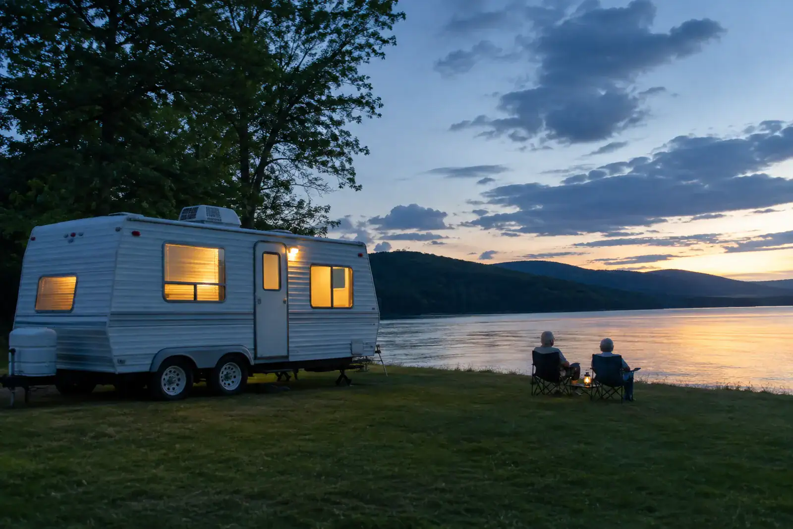 9 Campground Fees Seniors Can Avoid in 2026 3 Travel trailer on a spacious lakeside Corps of Engineers campsite where senior campground fees are discounted
