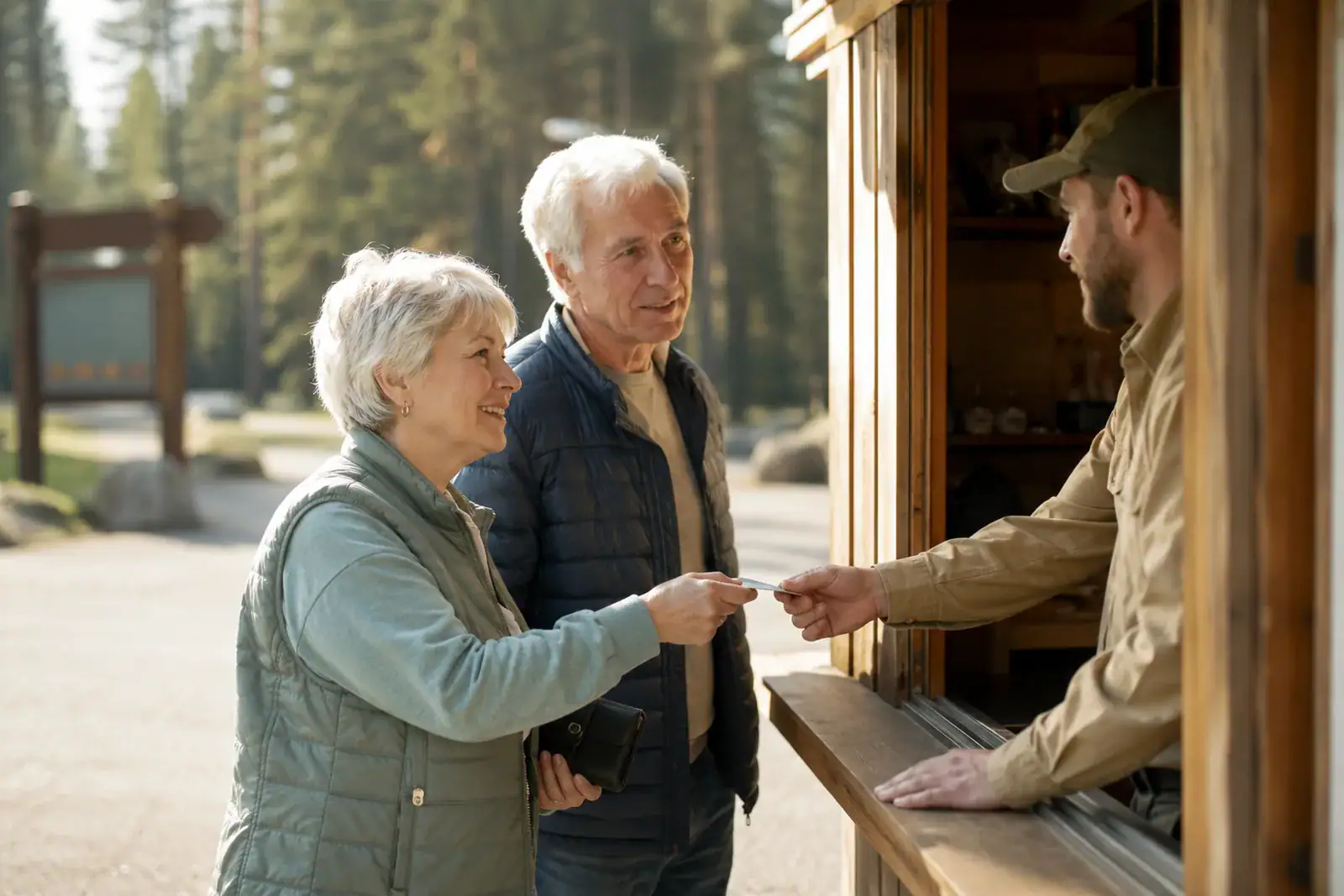 9 Campground Fees Seniors Can Avoid in 2026 2 Senior couple showing their America the Beautiful Senior Pass at a campground registration booth to reduce campground fees