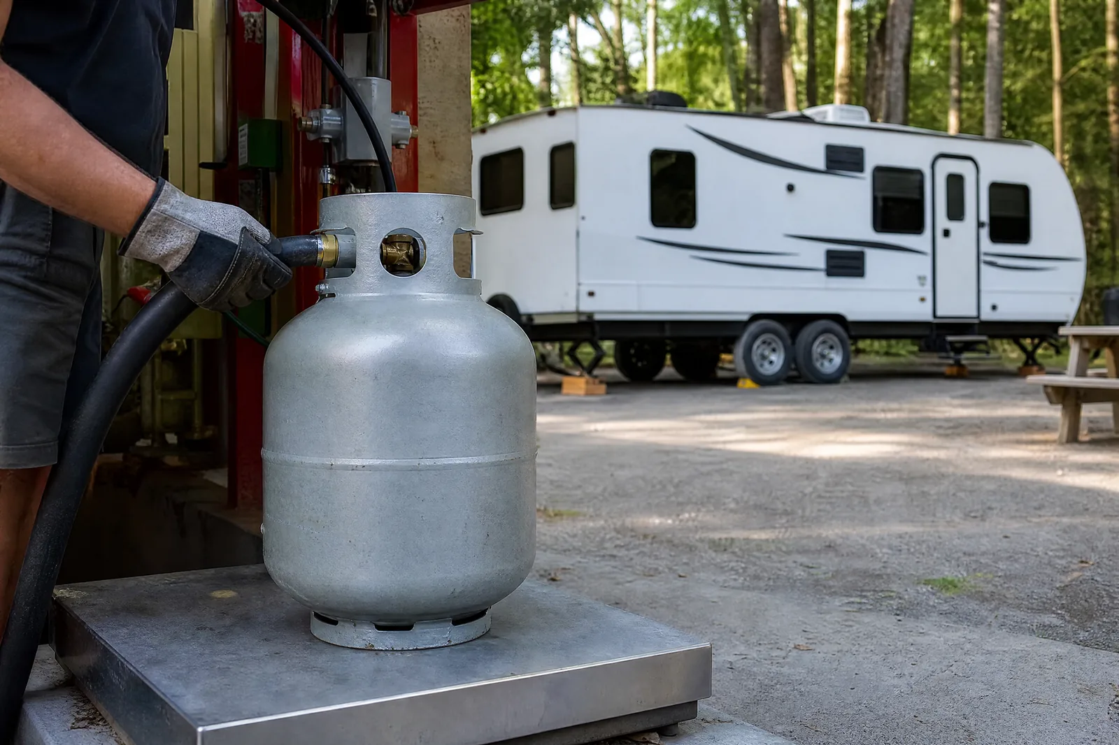 9 Stunning RV Propane Refill Tips for 2026 3 Propane cylinder being weighed on a scale during an RV propane refill at a campground fill station