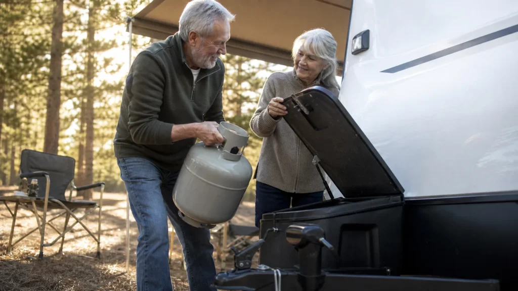 RV propane refill at a campground with a senior couple beside a travel trailer