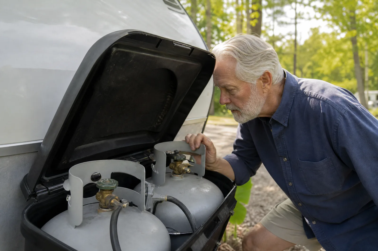 9 Stunning RV Propane Refill Tips for 2026 2 Senior RV owner checking the triangular OPD valve handwheel before an RV propane refill at his travel trailer