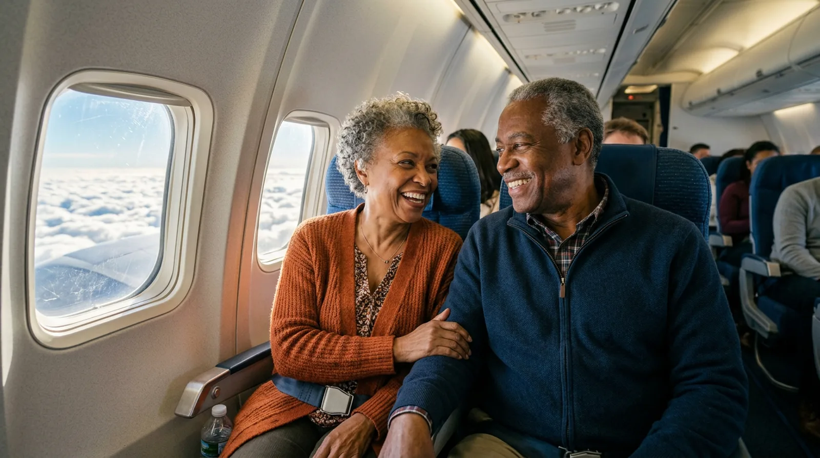 Cheap Flights for Seniors 2026: 9 Easy Ways to Pay Less 4 Senior couple enjoying cheap flights for seniors by the airplane window