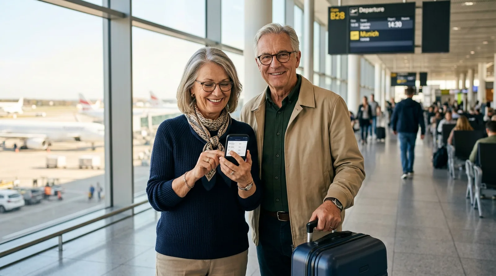 Cheap Flights for Seniors 2026: 9 Easy Ways to Pay Less 2 Senior couple finding cheap flights for seniors on a phone at the airport