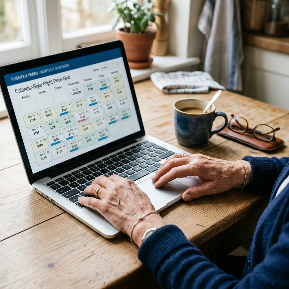 Cheap Flights for Seniors 2026: 9 Easy Ways to Pay Less 3 Senior comparing a month of cheap flights for seniors on a laptop price grid