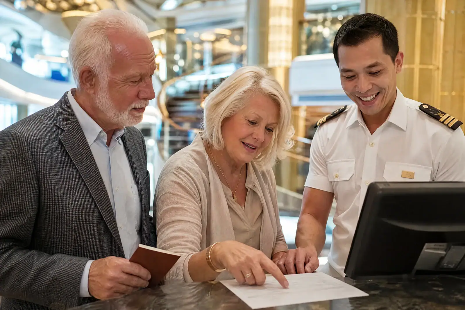 A couple in their seventies reviewing their final bill with a Guest Services crew member