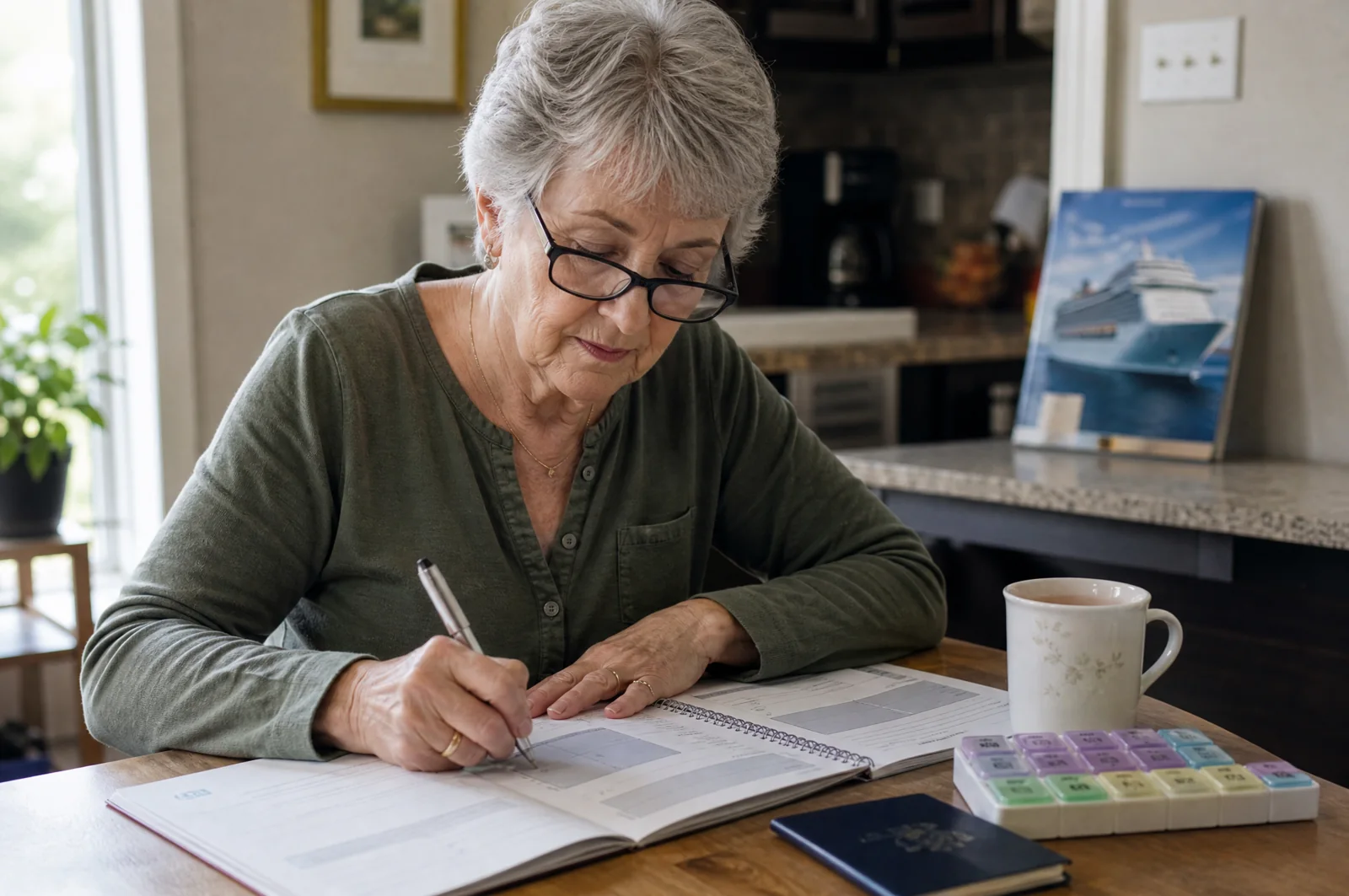 The Senior Cruiser's Planner 2 A woman in her late sixties filling in her cruise planner at the kitchen table