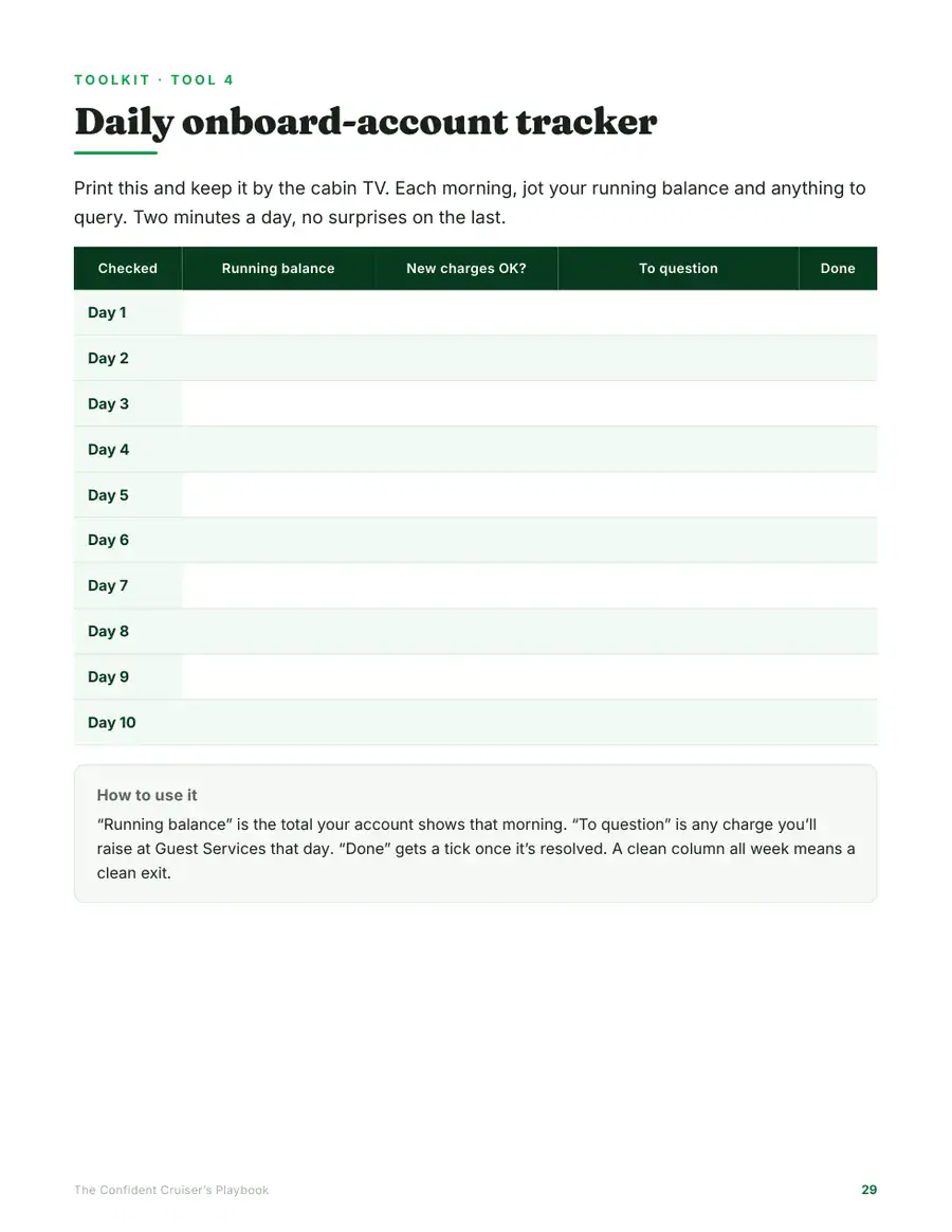 Printable daily onboard-account tracker page from the Playbook