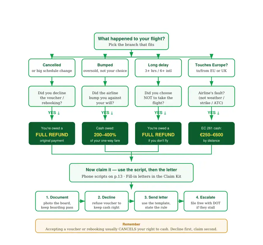 Decision-tool flowchart from the playbook — what you are owed based on what happened to your flight