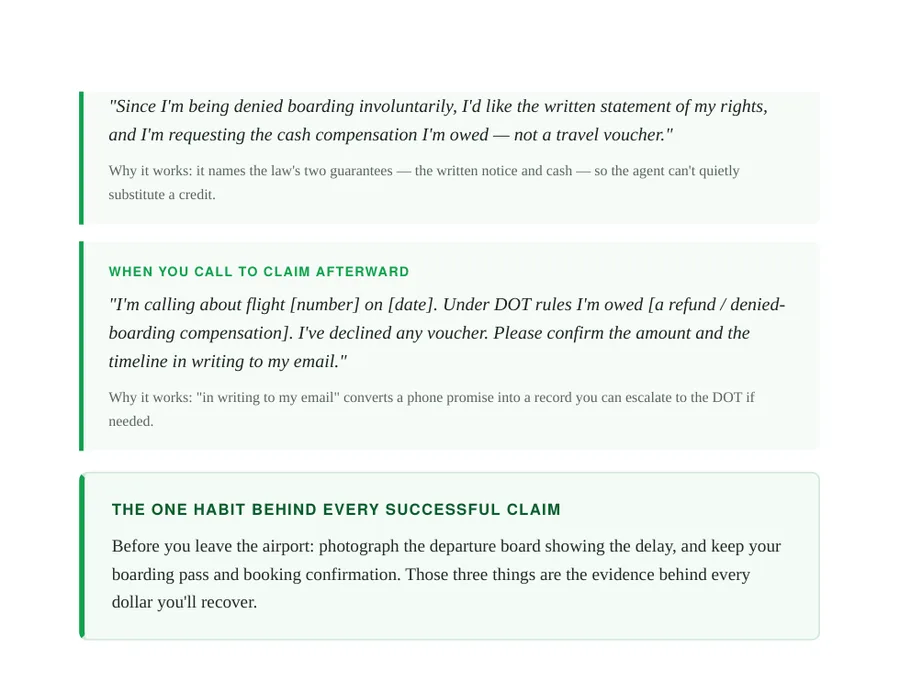 Word-for-word phone script page from the Claim Kit