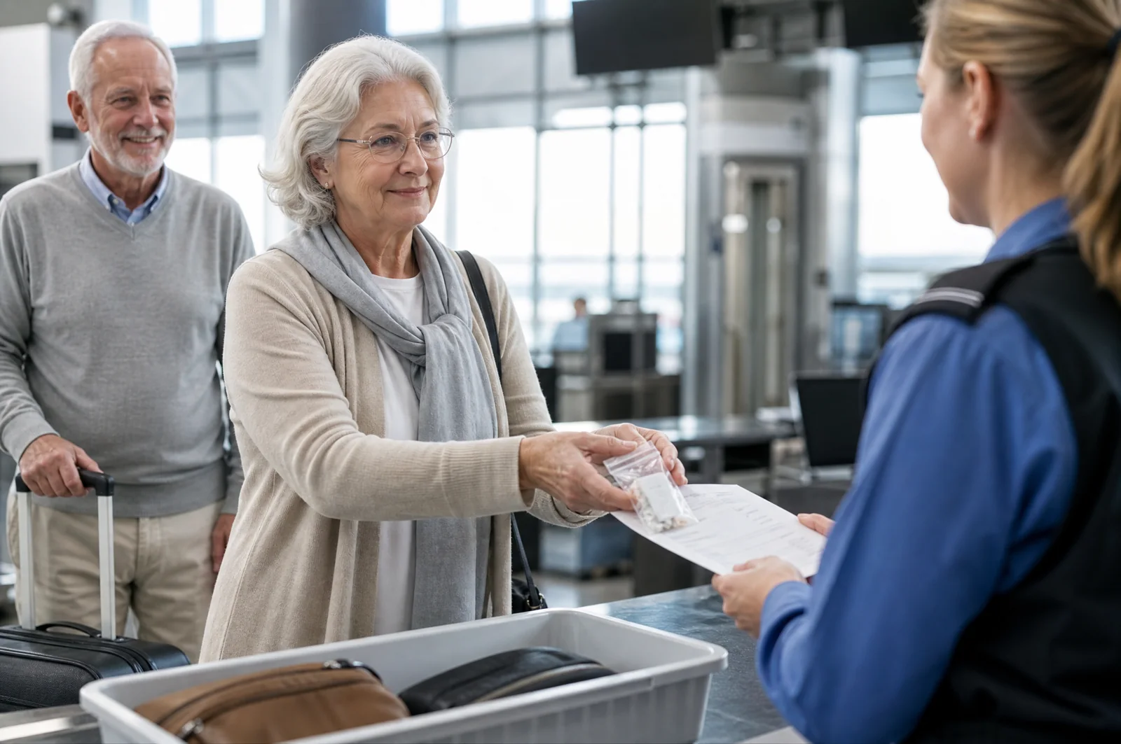 A couple in their seventies handing a labeled medication bag to a TSA officer