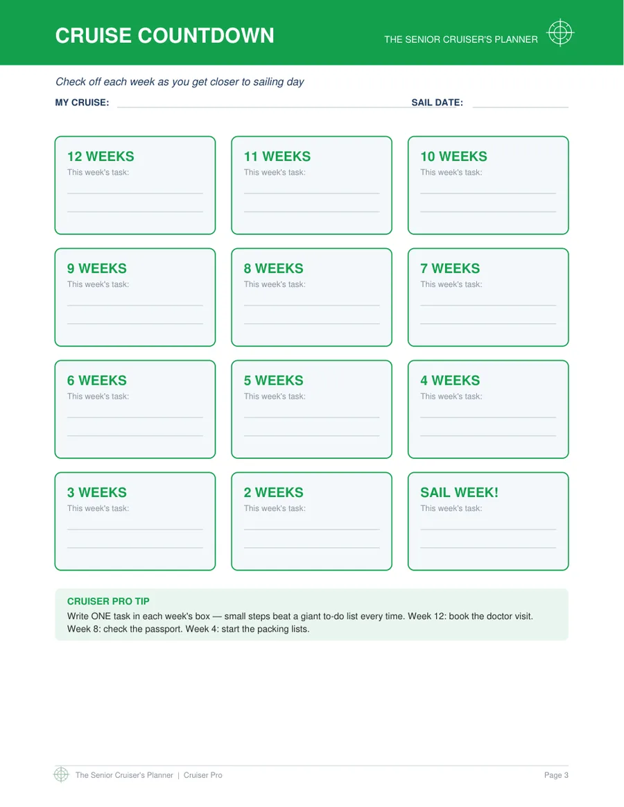 The Senior Cruiser's Planner 3 Cruise countdown page from the Senior Cruiser's Planner, with a weekly task box for each of the 12 weeks before sailing