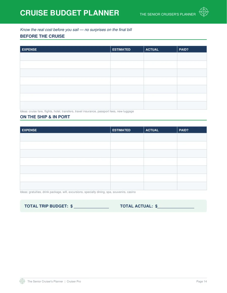 The Senior Cruiser's Planner 5 Cruise budget planner page from the Senior Cruiser's Planner, tracking estimated and actual costs before and during the cruise