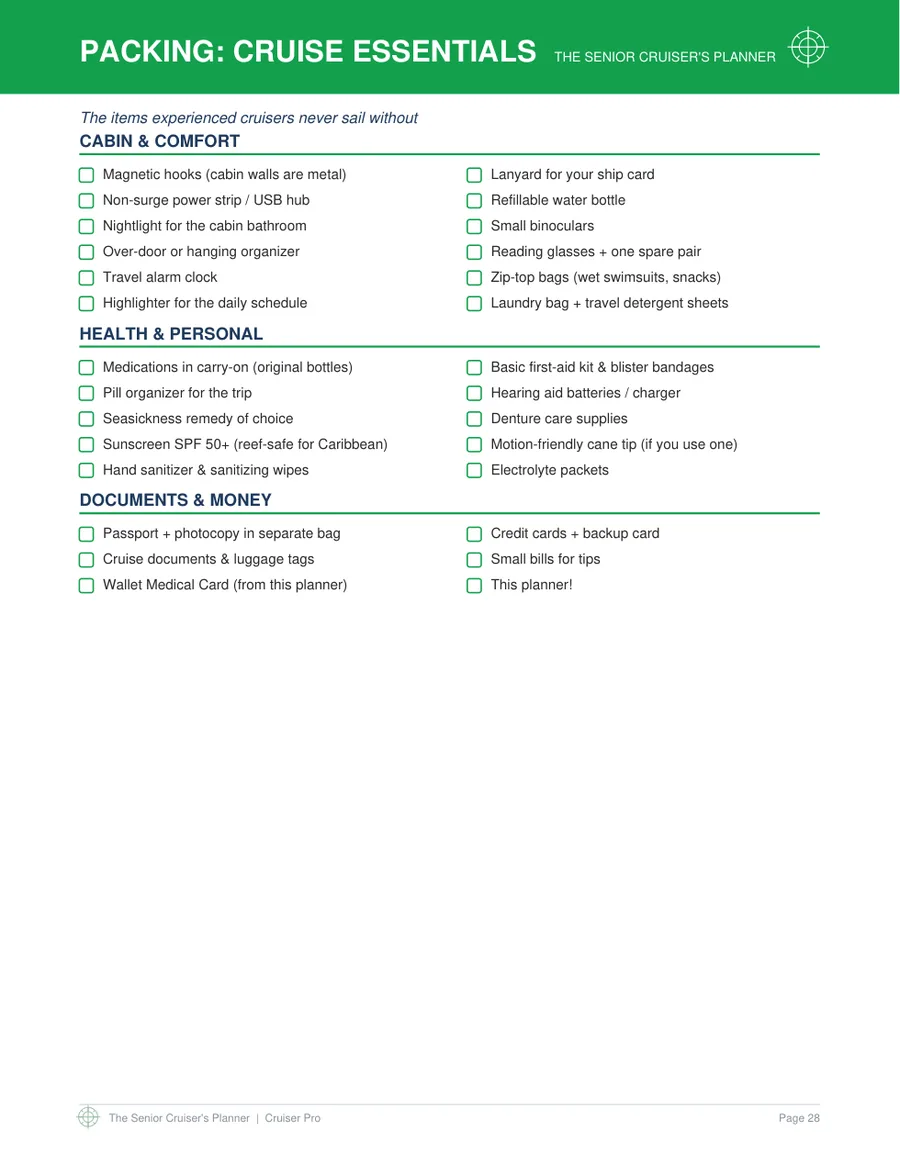 The Senior Cruiser's Planner 6 Packing list page from the Senior Cruiser's Planner, covering cabin comfort, health and personal items, and documents