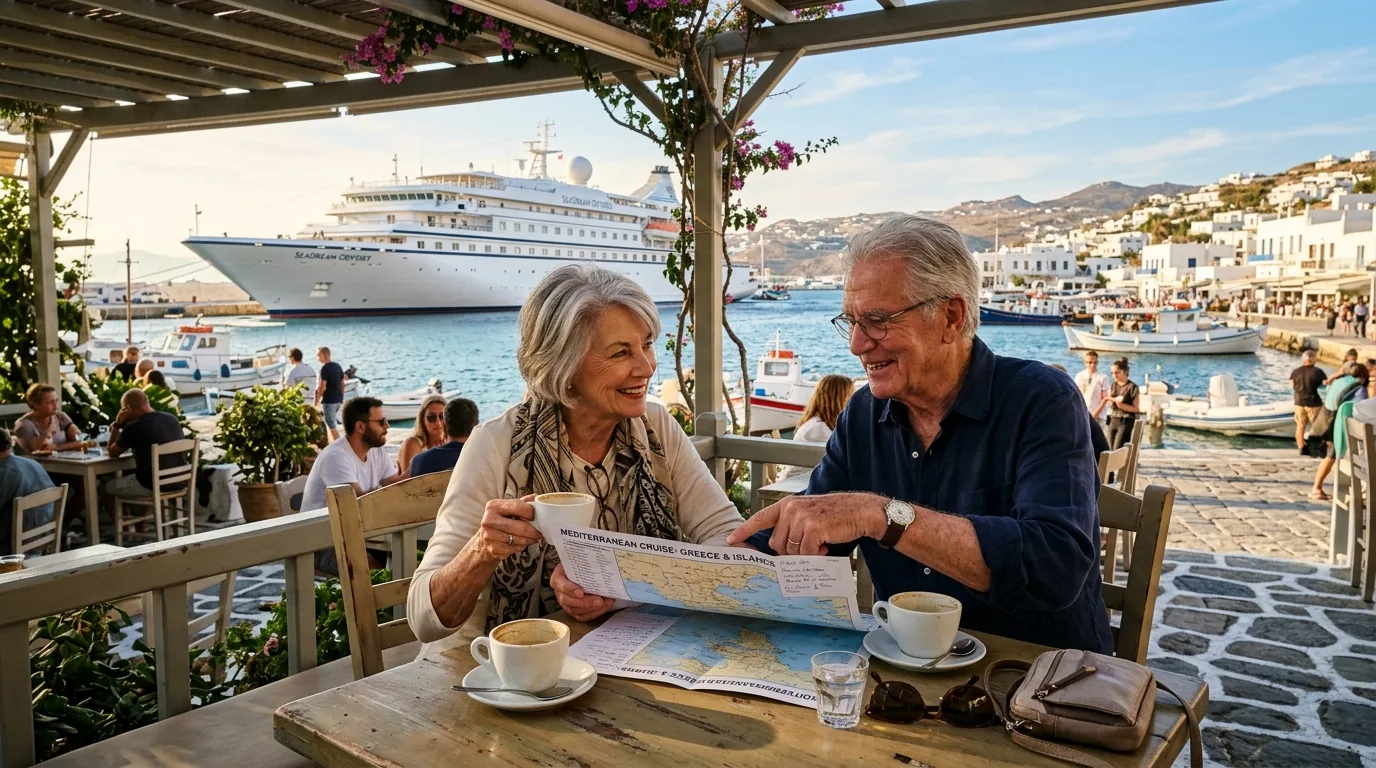 Senior couple resting at a cafe on a slow port day between shore excursions for seniors
