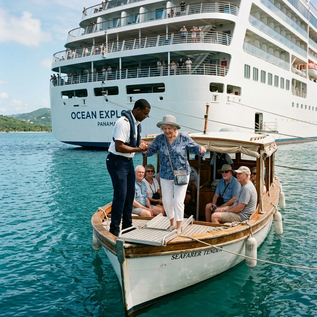 Cruise tender boat and crew helping an older woman aboard on a shore excursion for seniors