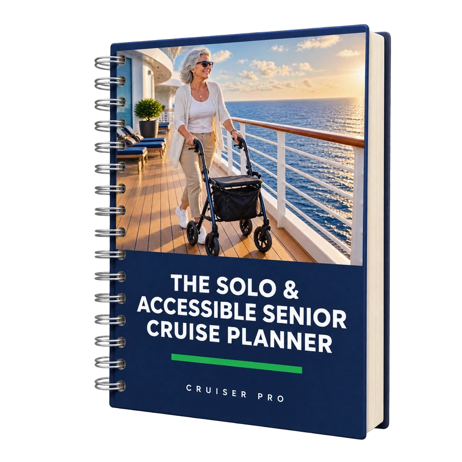 The Solo & Accessible Senior Cruise Planner — 3D spiral-bound cover, a woman using a rollator on a cruise ship deck at sunset
