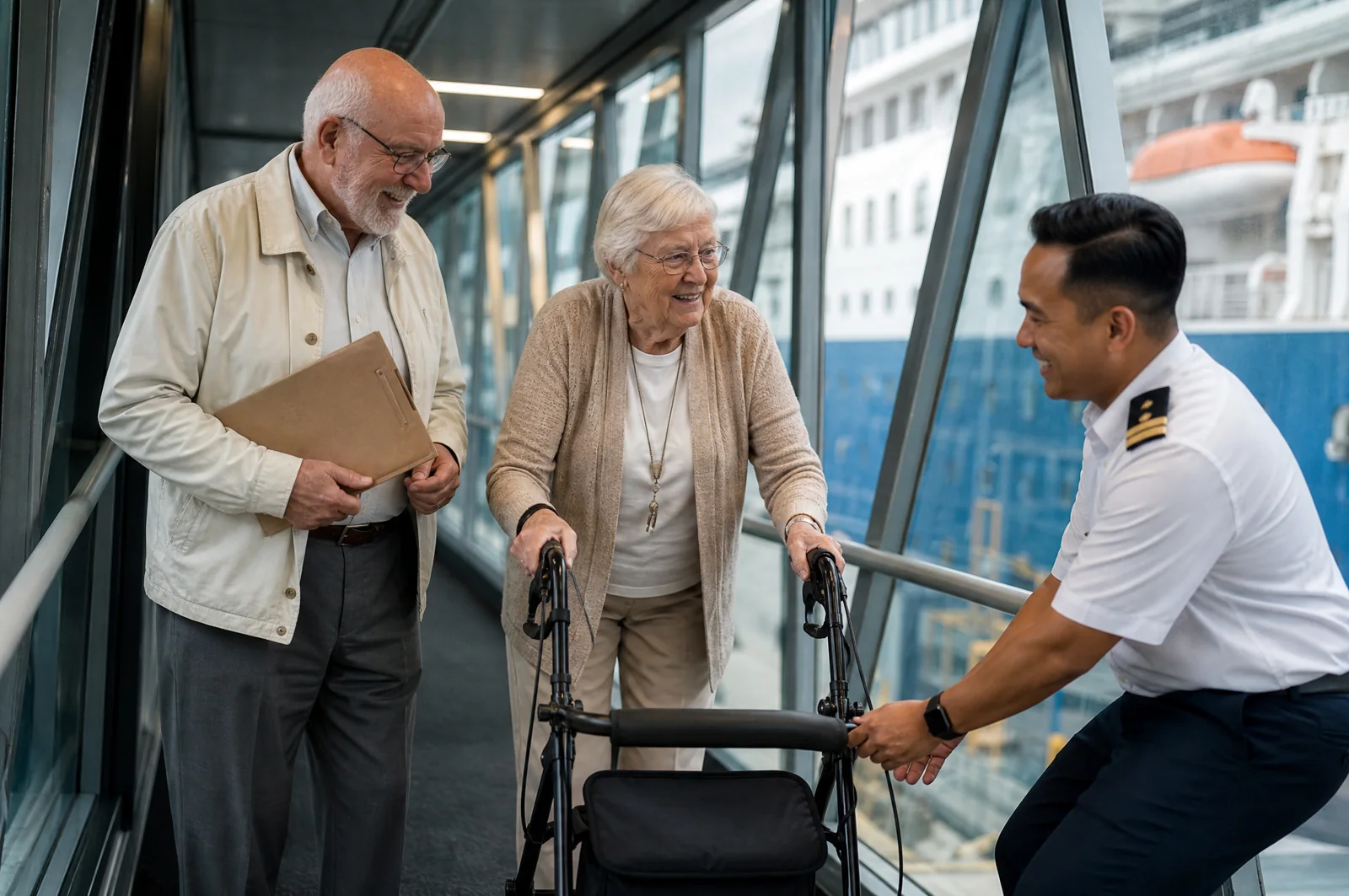 A couple in their seventies boarding a cruise ship with a rollator, helped by a crew member