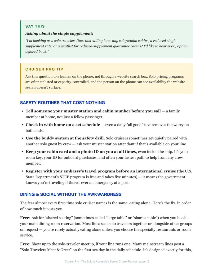 Solo-cruiser single-supplement script and safety routines from the planner