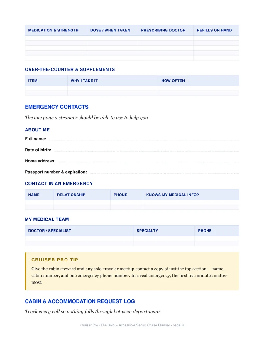 Sample fillable page from the planner — Medication List and Emergency Contacts