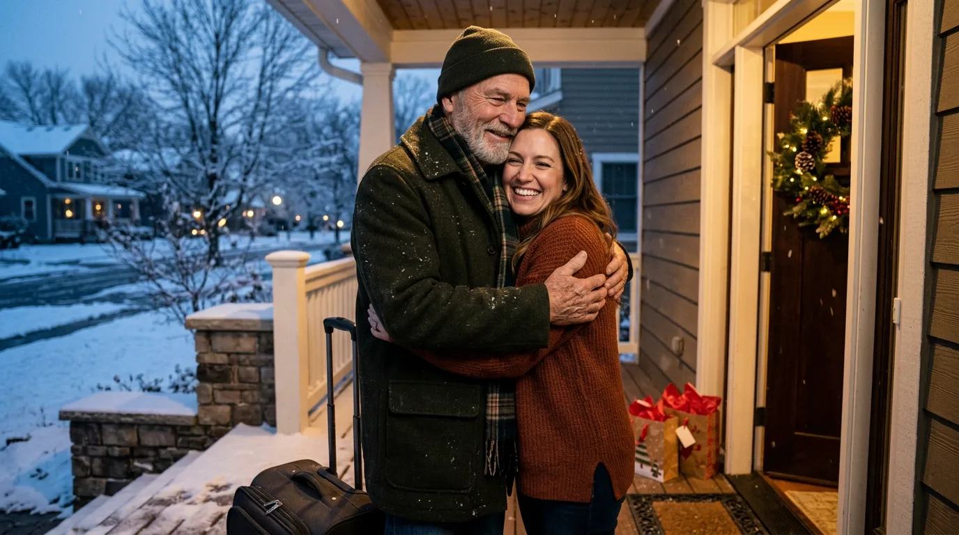 Holiday travel tips for seniors pay off: a grandfather with his suitcase hugging his daughter at the front door in the snow