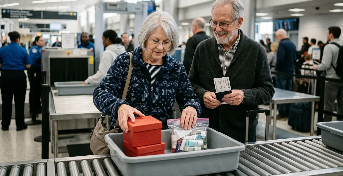 Holiday travel tips for seniors at TSA: a gift box with a lift-off lid and a quart-size liquids bag placed in a screening bin